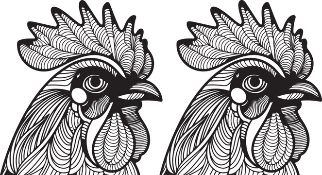 A pair of black and white vector outlines depicting rooster heads filled with decorative, swirling designs