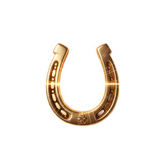 Golden horseshoe decorated with intricate details and sparkling light effects against a plain white background