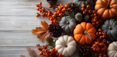 Fototapeta premium Festive autumn decor from pumpkins, berries and leaves on a white wooden background. Concept of Thanksgiving day or Halloween. Flat lay autumn composition with copy space.