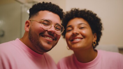 Fototapeta premium Nonbinary person and their partner smiling together in cozy pink sweatshirts, showcasing love and connection in a warm, inviting indoor setting with soft lighting