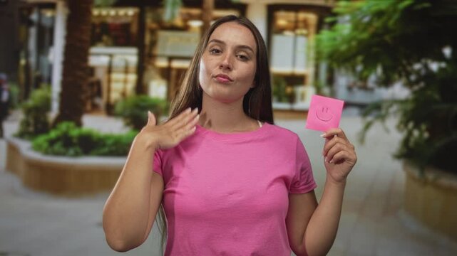 Woman touches chest and holds pink sticky note with smiley in building courtyard; self care confidence.