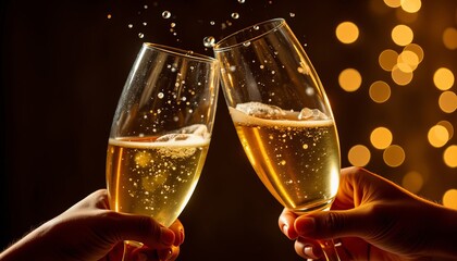 Cheers with champagne flutes celebrating with sparkles on dark background  