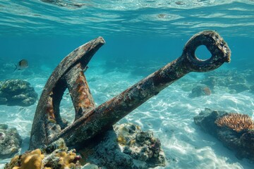 Underwater exploration historical anchor discovery coral reef photography marine environment submerged viewpoint seafloor mystery