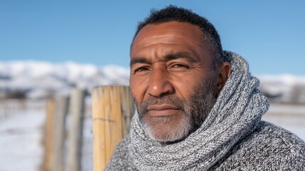 African American man with an average build is leaning casually against a wooden fence in a snowy landscape, showcasing a serene expression and winter attire