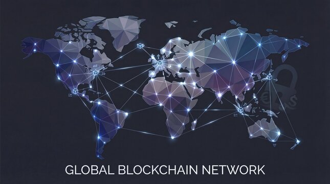 Global blockchain network connecting world map with digital nodes