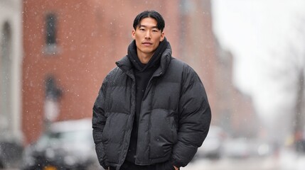 Obraz premium East Asian man in a stylish layered puffer jacket and hoodie stands confidently on a snowy street, showcasing modern winter fashion with a vibrant urban backdrop