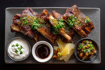 A gourmet platter showcases a beautifully arranged serving of succulent, glazed meat ribs, slow-cooked to perfection with a rich, dark sauce. Each tender piece is artfully garnished with vibrant green