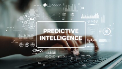 Hands Typing on Keyboard with Overlay of Predictive Intelligence Graphics and Data Analysis Visualization in a Modern Office Setting. Asymptotic smart data analytic.