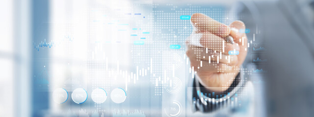 Data-Driven Business Strategy and Analytics Visualization on a Digital Touch Interface.