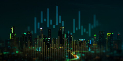 Urban Financial Data Visualization and Economic Indicators Displayed over City Skyline.