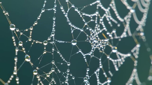 A close-up of a spider web covered with water droplets against a dark backdrop