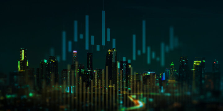 Urban Financial Data Visualization and Economic Indicators Displayed over City Skyline. - Powered by Adobe
