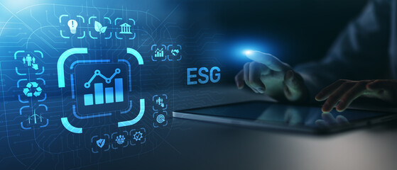 ESG Data Analytics and Sustainable Investment Strategy Illustrated on Digital Interface.