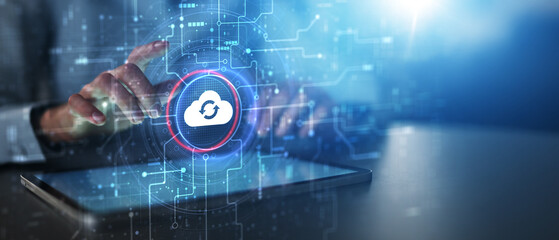 Cloud Computing and Data Synchronization Technology Illustrated on Futuristic Digital Interface.