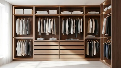 Elegant walk-in closet with warm wood shelves, integrated LED lighting, neat clothing display, storage boxes, and drawers, offering stylish and organized storage solutions.