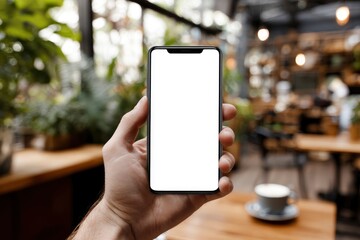 A person holds a contemporary smartphone with a blank white screen, offering ample copy space for advertising or app mockups. The device is prominently displayed against a softly blurred background of