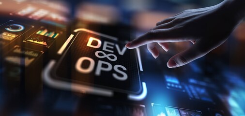 DevOps Development and Operations Integration for Efficient Delivery, projection on a virtual screen, Business and Technology Concept.