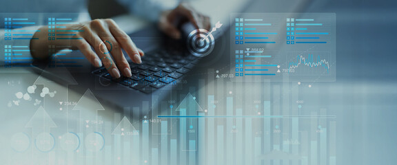 Business Data Analytics and KPI Performance Tracking Dashboard on Digital Tablet Interface.