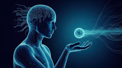 Futuristic AI digital human profile with glowing energy sphere representing advanced artificial intelligence technology