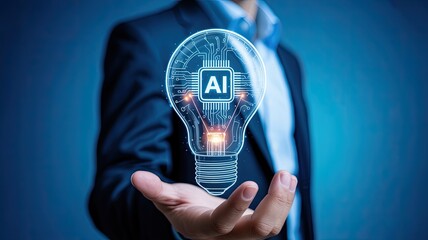 Businessman holding glowing AI lightbulb symbolizing innovation, machine intelligence, and digital transformation