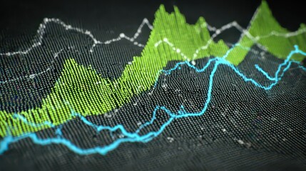 Abstract Stock Chart Visualization with Green and Blue Lines on Dark Background Finance and Economy Concept