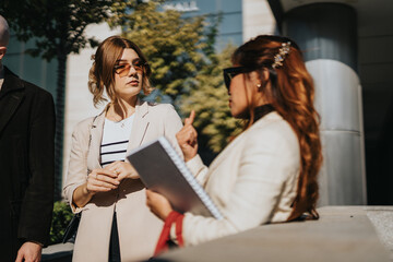 Fototapeta premium Two professional women in beige blazers converse outdoors as one holds a notebook. A sunny urban setting frames their discussion.