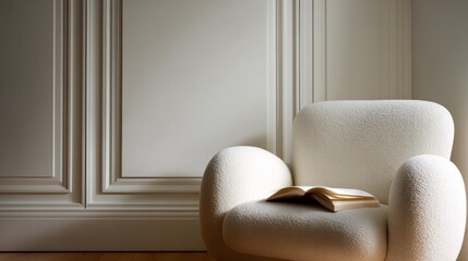 Cozy modern armchair with an open book in minimalist interior  