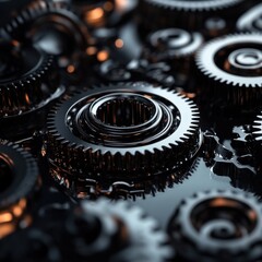Industrial gears in close-up manufacturing facility product photography mechanical environment detailed view engineering concept