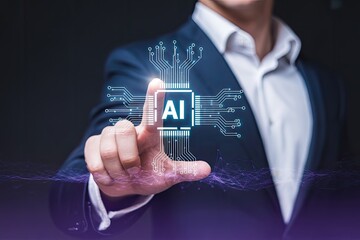 Businessman touching AI hologram interface with futuristic circuit lines and advanced AI technology