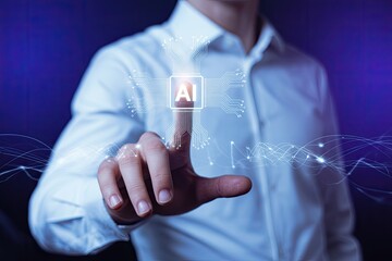Professional activating AI hologram interface with glowing digital circuits and futuristic technology