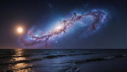 Stunning Night Sky with Milky Way Galaxy and Moon Reflected on Ocean Waves.