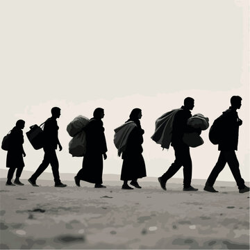 PrintSilhouettes of migrants walking in a line on a journey