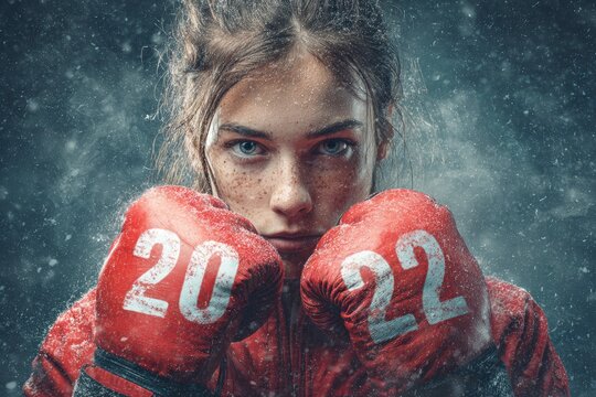 A powerful close-up portrait captures a determined woman, ready for a formidable challenge, with an intense and unwavering gaze directed straight at the viewer. Adorned in bright red boxing gloves fea