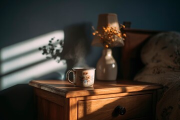 A steaming mug with a decorative pattern sits on a wooden bedside table, illuminated by the warm, directional light of a golden hour. Soft shadows fall across the wall, contributing to a serene and co