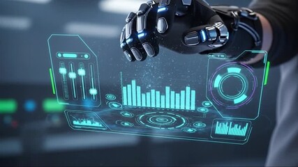 Futuristic robotic hand interacting with holographic interface displaying data and graphs - Powered by Adobe