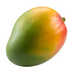 Ripe mango with green yellow and red skin displayed against a white background
