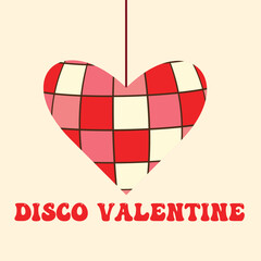 Disco valentine heart illustration in red, coral and pink. For valentine&rsquo;s day cards, poster and party invitations