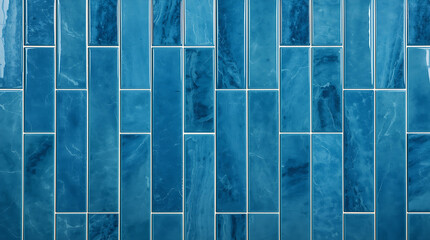 Blue vintage porcelain stoneware tiles with a glossy finish feature a seamless vertical pattern, suitable for modern wall designs.