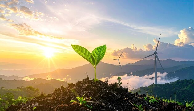Green seedling growing from fertile soil with wind turbine on distant misty mountain range at sunrise with dramatic clouds and golden sun rays illuminating the landscape - Powered by Adobe
