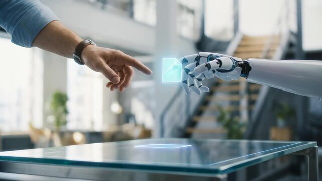 Human hand and robot hand reaching towards each other with glowing digital file icon and interacting with futuristic holographic interface glass table modern office environment showcasing technology