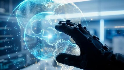 Hologram digital globe with futuristic robotic hand interaction showcasing advanced technology, innovation, connectivity, and artificial intelligence in modern virtual reality network science - Powered by Adobe