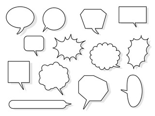 色々な形の吹き出しのセット　影あり（不透明度10%）白黒　4