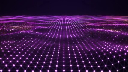 A glowing purple mesh grid of connected dots forming an undulating surface, extending into the distance on a dark background to represent digital landscapes and data visualization. - Powered by Adobe