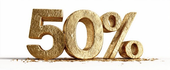 3D rendered golden digits and a percentage symbol spelling "50%" on a white background. Small golden particles lay below the numbers