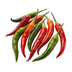Collection of vibrant red and green chili peppers displayed together on a white background