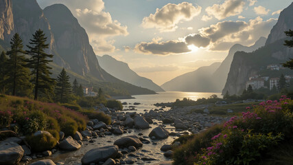 Serene Valley Sunset: Rocky River Flowing into a Lake Surrounded by Mountains