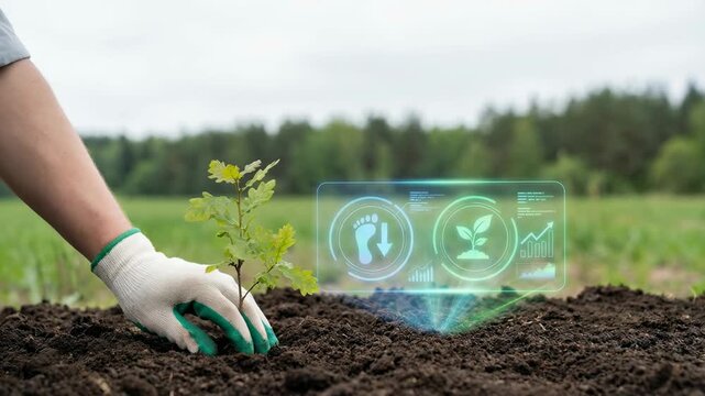 Planting seedling soil hand with glove young tree green leaf environmental technology digital interface sustainability eco friendly nature conservation digital environmental impact icons showing