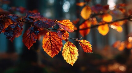 Sunlight passing through autumn leaves, warm colors and peaceful nature symbolism.