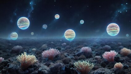 Underwater Alien Landscape with Floating Spheres and Coral.