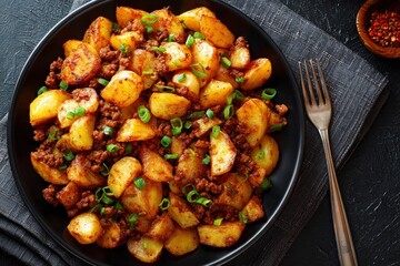 A visually appealing, hearty serving of golden-brown roasted potato chunks expertly mixed with savory, seasoned ground meat. Sprinkled with fresh green onions, adding a touch of vibrant color and fres